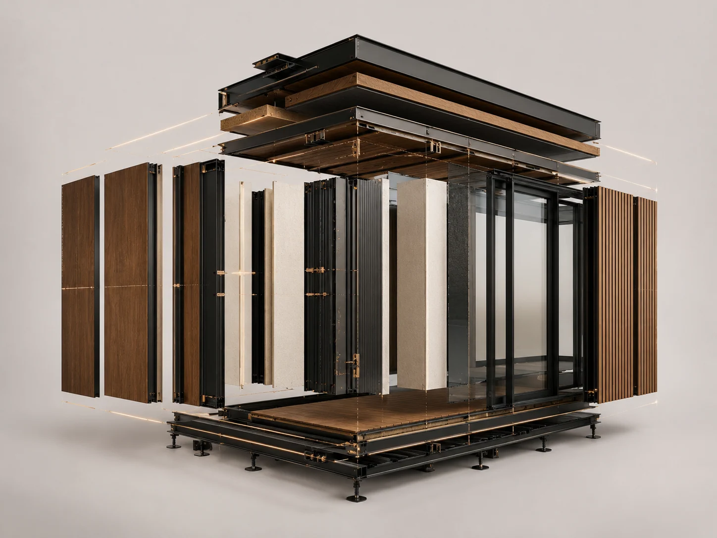 Vista explodida das camadas do sistema construtivo modular Moranda