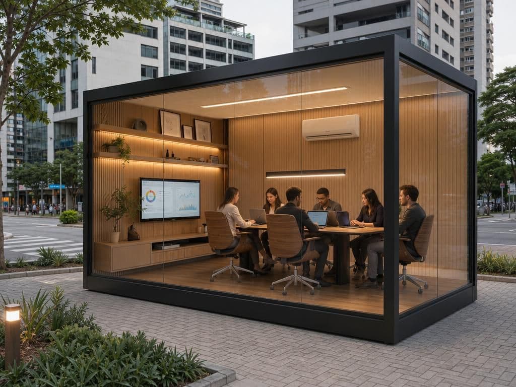 Modelo Box Moranda configurado como sala de reunião envidraçada em ambiente urbano