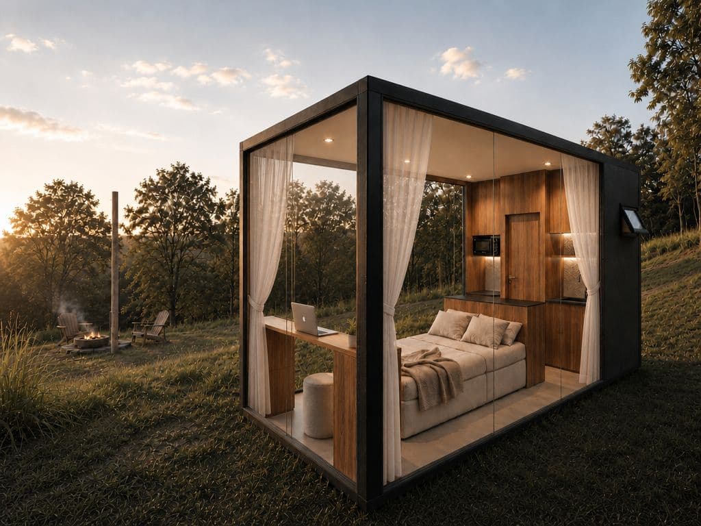 Modelo Studio Moranda compacto com cama, bancada de trabalho e cozinha